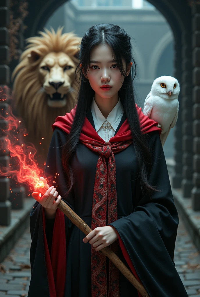 photo, asian woman, white skin, Slender face, Facing straight, Fluffy black hair, Long slender fingers, Black witch cloak, Red Hood, black witch hat, White collared inner shirt, Medium red and white patterned tie, Holding a magic wand, There were several red sparks and red smoke coming out of the wood., A white owl stands on the right shoulder., A large golden lion appeared from the left rear side., The background is an old black castle.