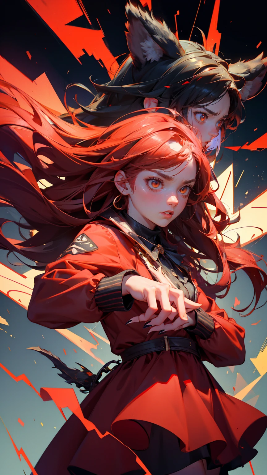 zoom out image, and add mor red color A beautiful, cute girl with a shocked and frightened expression, standing in front of a chaotic financial chart background showing fluctuating stock prices. She has long hair and is wearing a stylish yet casual dress with Bitcoin symbols hanging as accessories. Around her, large, intimidating hands reach for floating Bitcoins, a roaring bear with sharp claws threatens from one side, and an owl wearing a suit points at a chalkboard with financial graphs. The atmosphere is tense, filled with a sense of fear and urgency, as the girl looks overwhelmed by the intense financial turmoil around her,