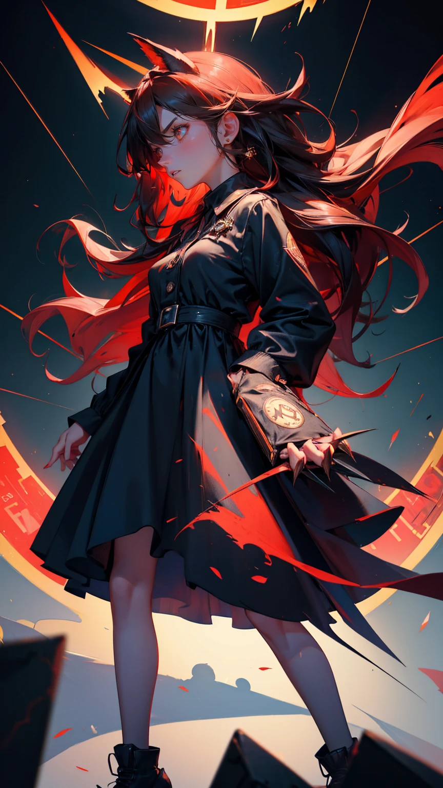 zoom out image, and add mor red color A beautiful, cute girl with a shocked and frightened expression, standing in front of a chaotic financial chart background showing fluctuating stock prices. She has long hair and is wearing a stylish yet casual dress with Bitcoin symbols hanging as accessories. Around her, large, intimidating hands reach for floating Bitcoins, a roaring bear with sharp claws threatens from one side, and an owl wearing a suit points at a chalkboard with financial graphs. The atmosphere is tense, filled with a sense of fear and urgency, as the girl looks overwhelmed by the intense financial turmoil around her,