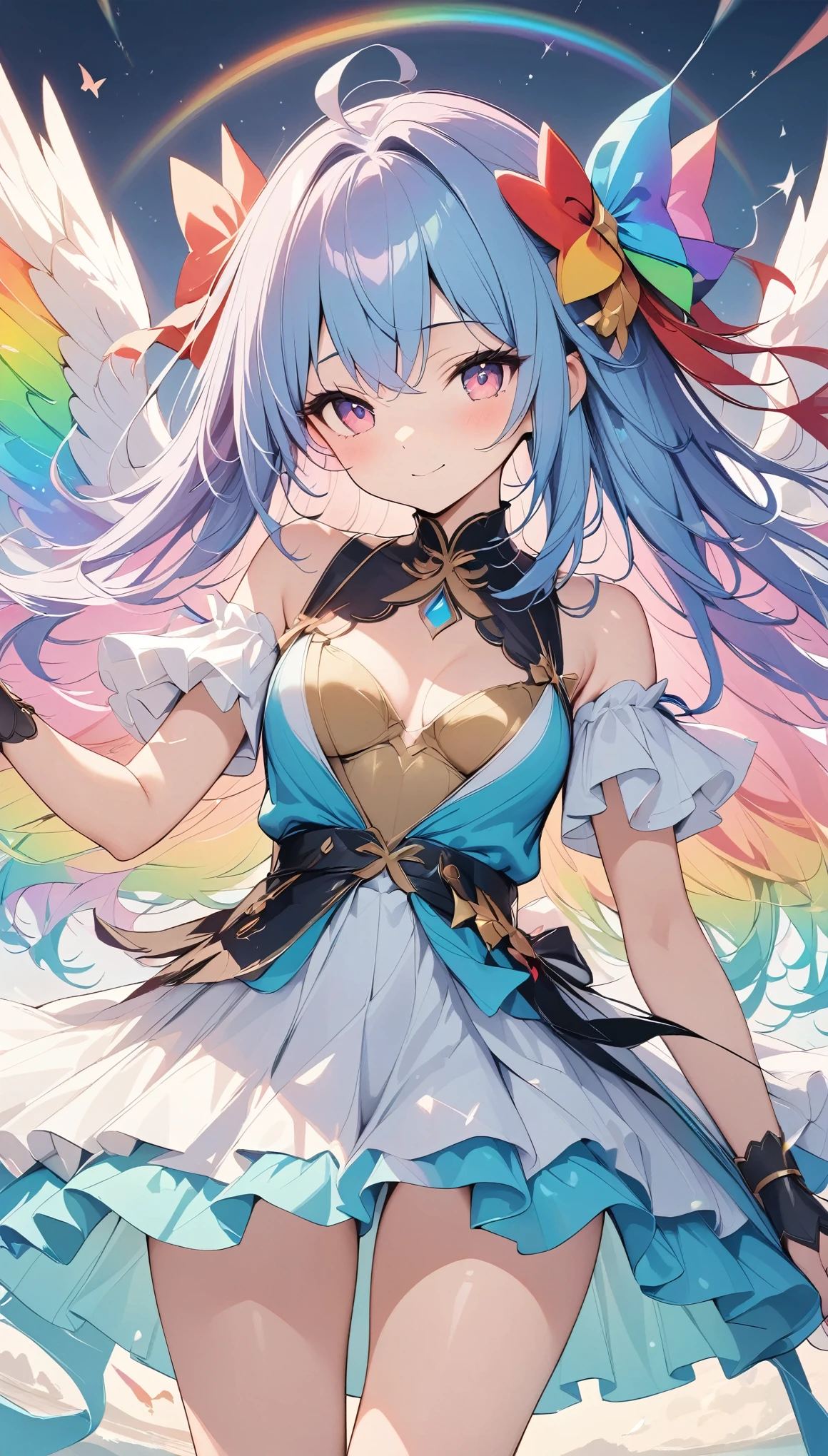 Light, ((Ridiculous and irrational)), 超high resolution, Attention to detail, high quality, high resolution, Top quality, 4K, 8K, artwork, wonderful, rainbow, rainbow hair, Long hair, rainbow天使, Spread your wings, ((rainbow翅膀扑腾)), Beautiful Angel, cute angel