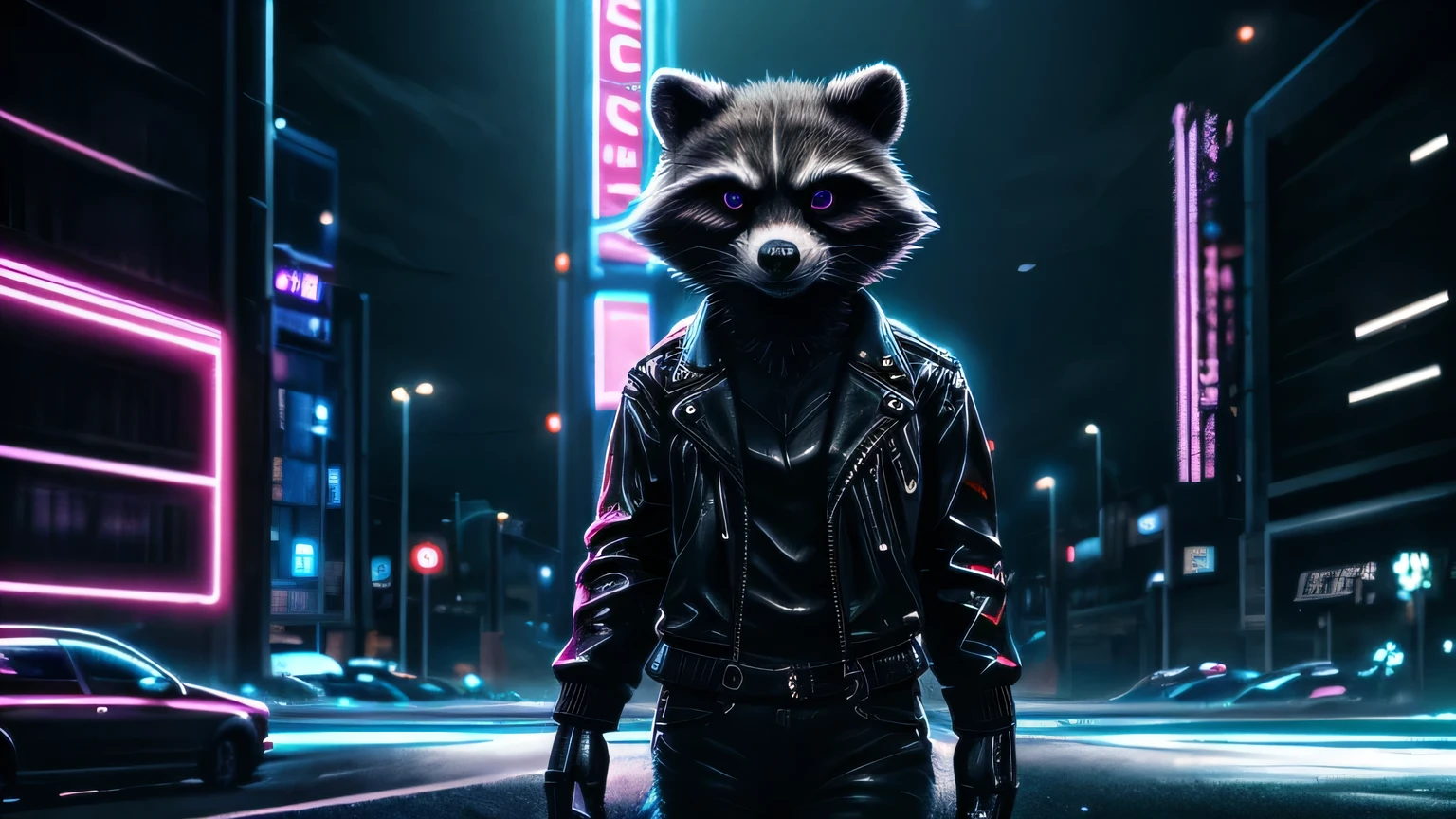 a raccoon in a leather jacket standing full length on a night city street, neon lighting, realism, detailed background, hyperdetailed raccoon face, cinematic lighting, dramatic shadows, moody atmosphere, urban environment, cinematic composition, high quality, 8k, photorealistic, award winning photography