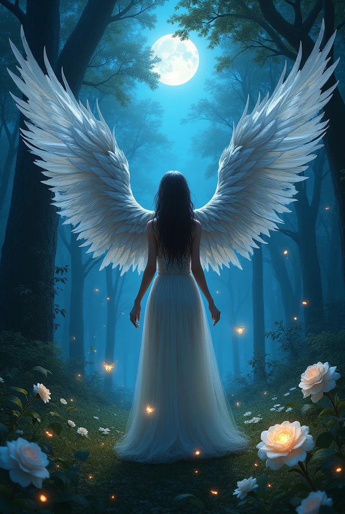 Make bird wings ,Vivid Wings , Beautiful forest background, Wear a long dress, A small bee is drawn on a white rose , A beautiful night forest with tiny glowing insects flying 