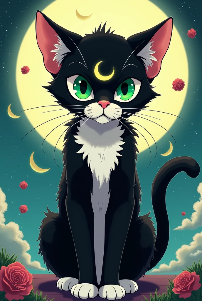 Un chat couleur tuxedo aux yeux verts avec une lune sur le front. Avec luna et Artemis de sailor moon. Le manga. 