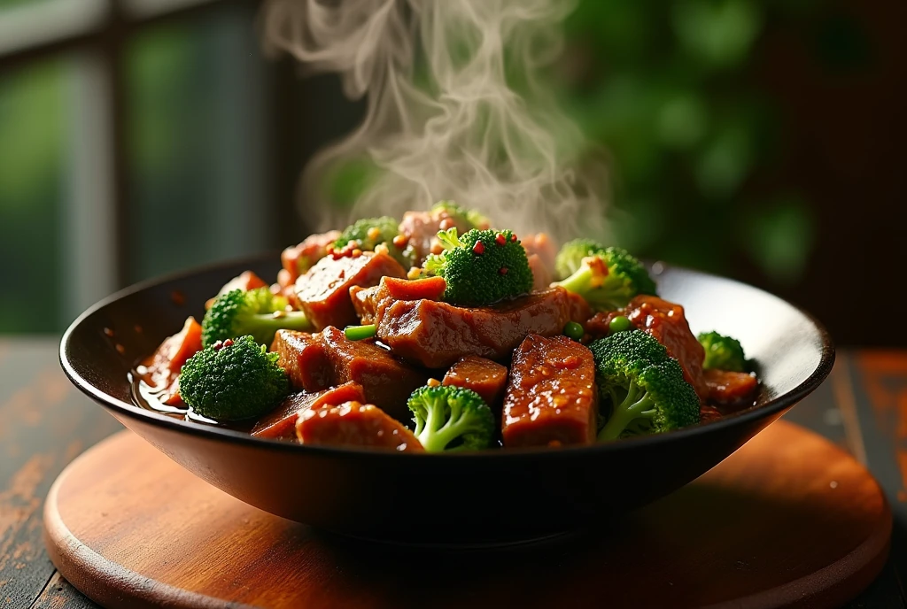a slow cooked honey garlic beef with broccoli,hot steamy bowl of beef and broccoli,juicy tender beef,fresh broccoli florets,delicious savory sauce,warm comforting meal,mouth-watering food photography,professional culinary shot,highly detailed food texture,natural lighting,dramatic shadows,rich color tones,cinematic composition,award-winning food editorial
