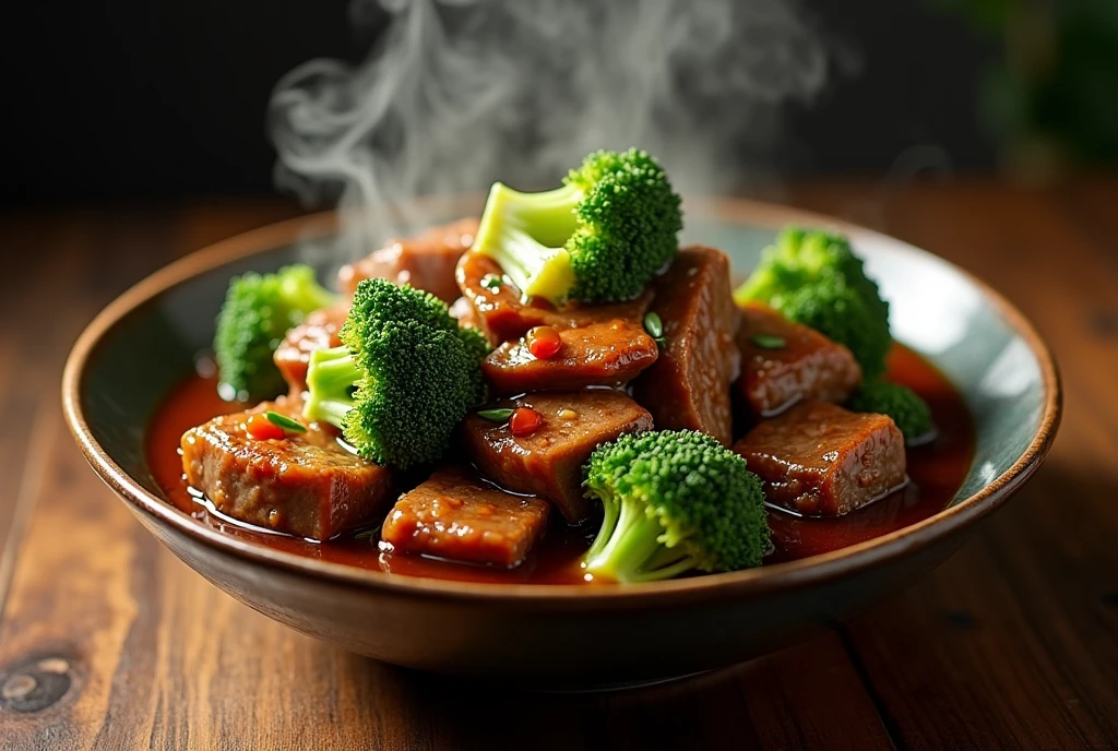 a slow cooked honey garlic beef with broccoli,hot steamy bowl of beef and broccoli,juicy tender beef,fresh broccoli florets,delicious savory sauce,warm comforting meal,mouth-watering food photography,professional culinary shot,highly detailed food texture,natural lighting,dramatic shadows,rich color tones,cinematic composition,award-winning food editorial