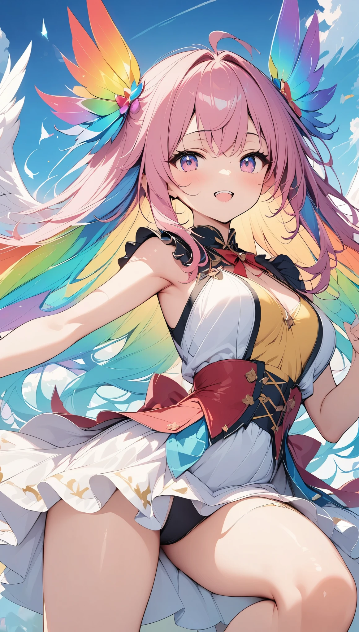 Light, ((Ridiculous and irrational)), 超high resolution, Attention to detail, high quality, high resolution, Top quality, 4K, 8K, artwork, wonderful, rainbow, rainbow hair, Long hair, rainbow天使, Spread your wings, ((rainbow翅膀扑腾)), Beautiful Angel, cute angel