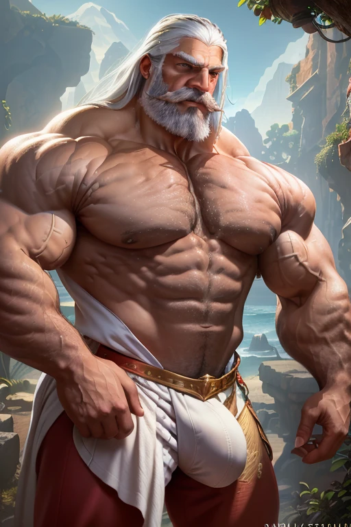 ((best quality)), ((masterpiece)), (detailed), Muscular old man stands imposing in an ancient lost city. Chiseled perfect body, insanely handsome and masculine face. long white hair, chiseled jawline, extremely hairy body, Sunlight highlights his hairy muscles and scars. The scenery lush and mysterious, with ruins and vegetation. The camera details everything. Scantily clad masculine male, large muscular pecs, huge chest, well groomed moustache, bushy grey eyebrows, thick pronounced grey beard, absurdly huge nose, hawk nose, concave nose, nose with pronounced bridge and outward curve that protrudes from the base of the nose, (full body), huge bulge, big underwear bulge