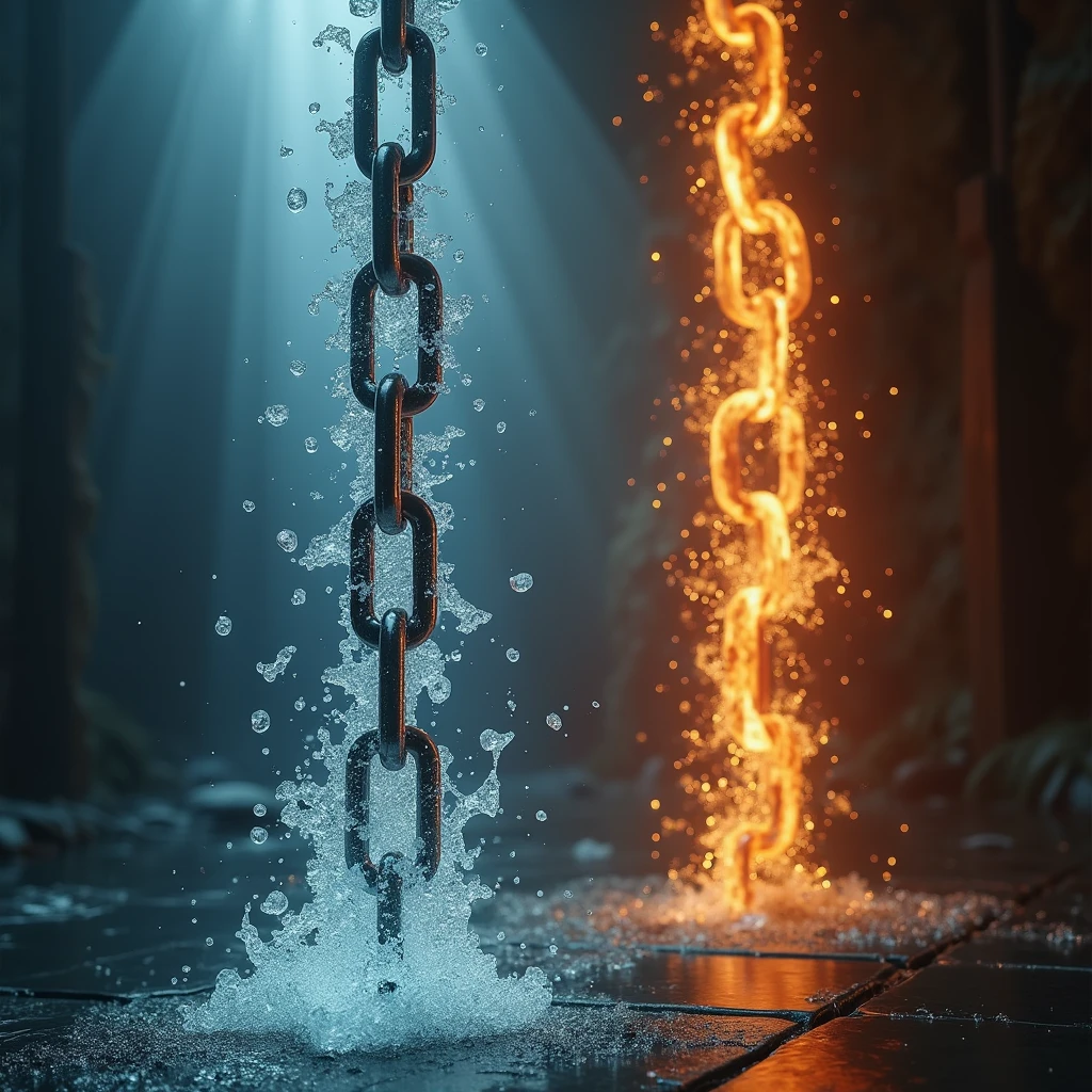 On the left is a huge chain with an ice effect., On the right is a huge chain with a fire effect., The chain is floating in the air, movie lights, shining light, Photo focused on the chain, Accurate and flowing chain