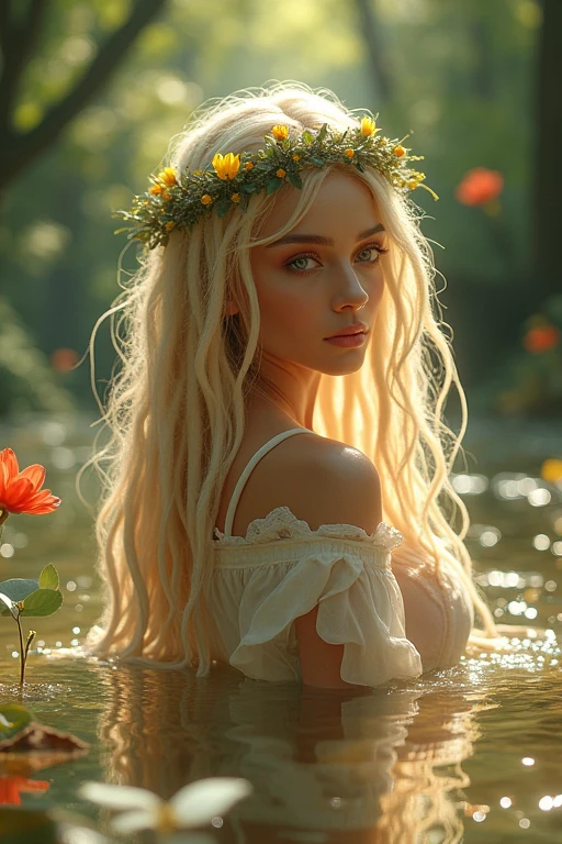 A beautiful blonde with dreadlocks wearing a snake crown　Beautiful fertility goddess　In the background is a forest and lake with sunlight streaming in.　Crystal skin　Dressed like Aphrodite　Smiling with closed eyes　The flowers and water are scooped up and the water sparkles.