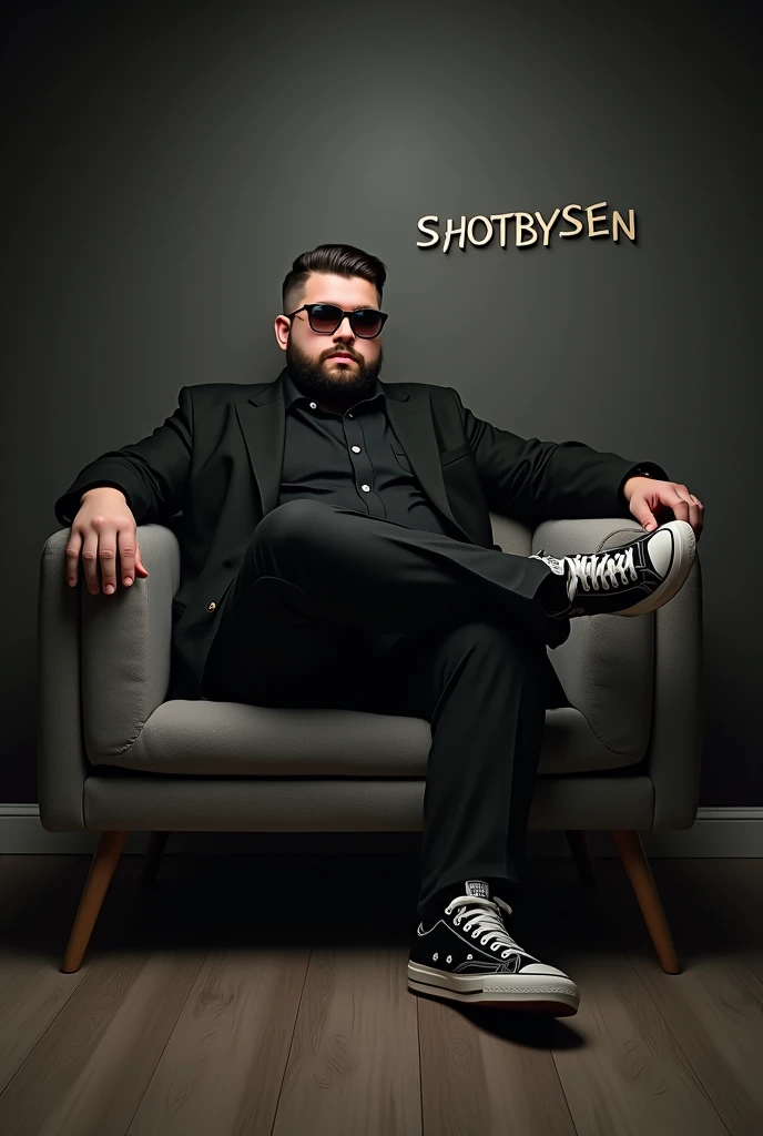 A 2 teenager chubby, beard, classic taper hair, sunglasses black, writing a black formal shirt and black blazer is sitting on a sofa with one leg up a pair of black and write lace sneakers sitting on a small gray color single sofa dark wall behind light white light shadow coming name written on the wall with capital letters slightly curved 3D text ."SHOTSBYSEN"