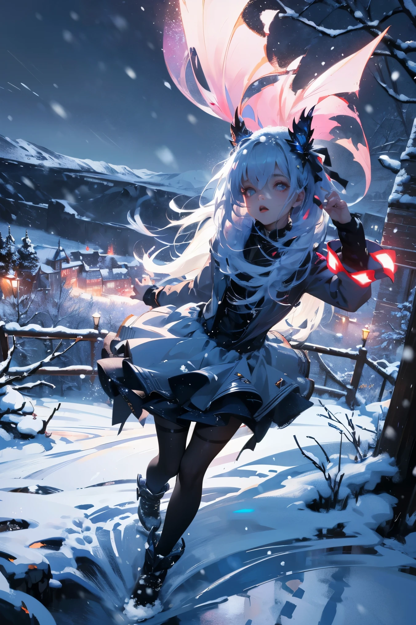 uhd, textured skin, good quality, High details, masterpiece, best quality, high detail face, (Amazingly absurd:1.2), (masterpiece:1.2), fluffy, 1 Girl, Dragon ears, Dress with ruffles, glowing eyes, shining hair , Whole body love, very long hair, hair ribbon, black kneesocks, full body, Kawaiitech, soft colours, Kawaii, Beautiful colors, (Snow:1.5), (Wet:1), (Night:2), (Landscape:2),