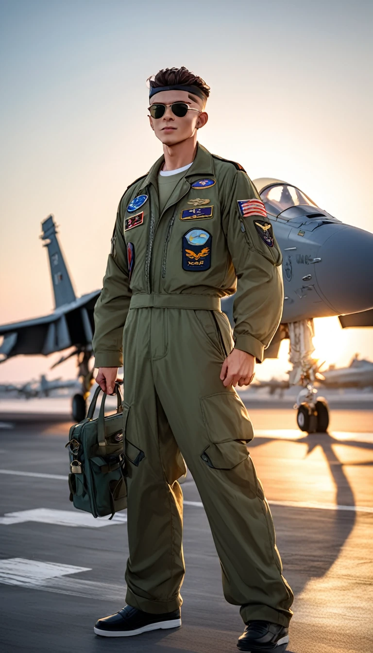 独奏, cowboy shot, hot pink hair, very short hair、a girl、24-years-old、Best Bust、Large Breasts、Beautiful Eyes、Blue Eyes, masterpiece, High resolution、8K quality、Anime Style、Cute face、((Top quality eyes)), Natural smile、Green US Air Force military suit, Wearing sunglasses, Aviator Model (Ray-Ban RB3025), Natural light, On the aircraft carrier、F-18 military air force base background aircraft, Model Pose, Lens flare