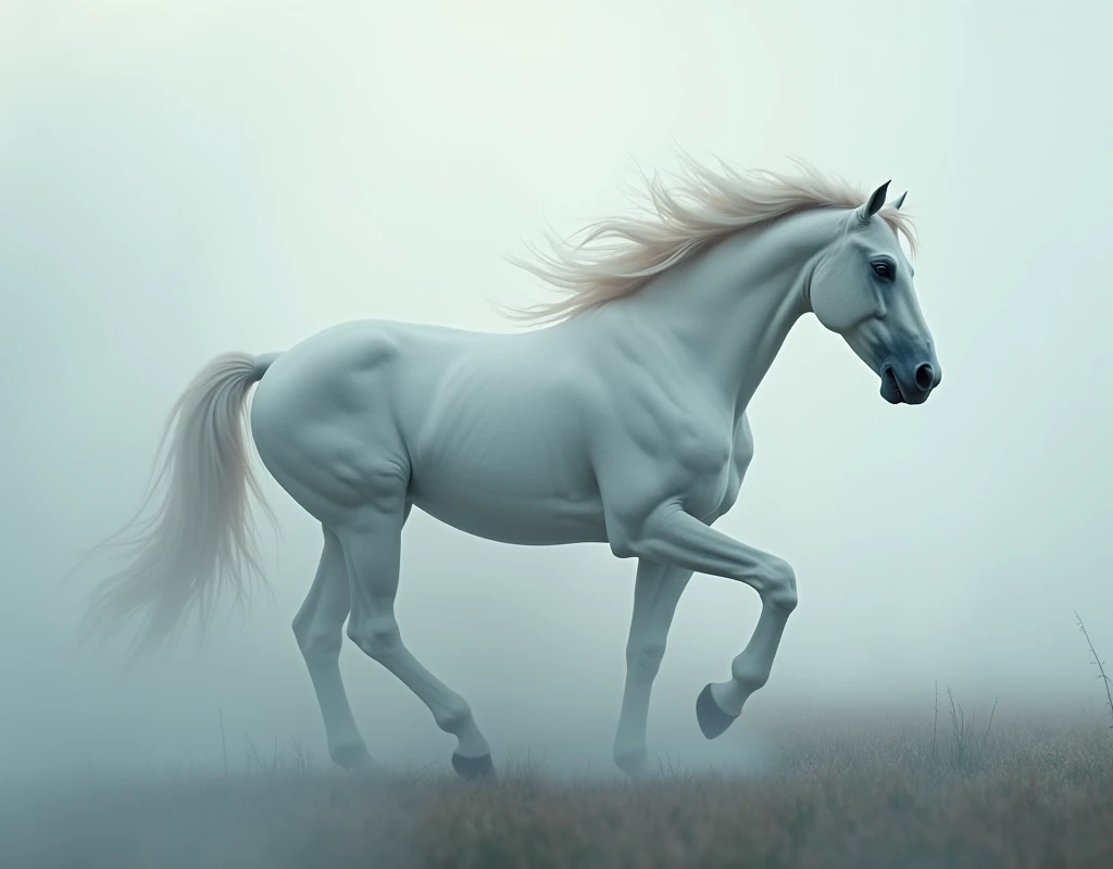 A white horse moves through the mist and disappears towards the horizon