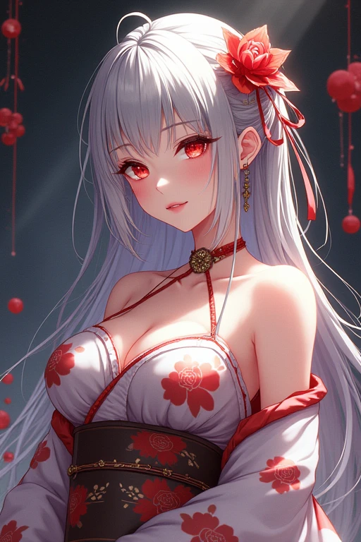 Anime, Big Breasted Girl, Elegant Traditional Japanese Costume, Scarlet Eyes, Shiny Silver Hair, Single Girl, High accuracy, Flower of hair,