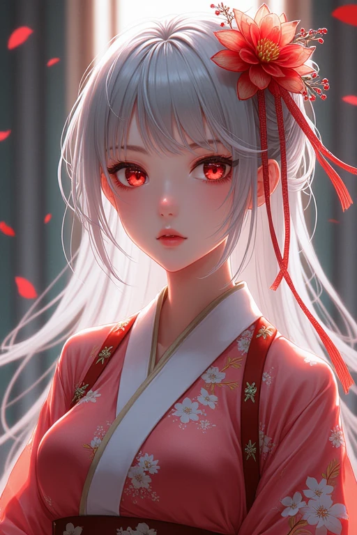 Anime, Big Breasted Girl, Elegant Traditional Japanese Costume, Scarlet Eyes, Shiny Silver Hair, Single Girl, High accuracy, Flower of hair,