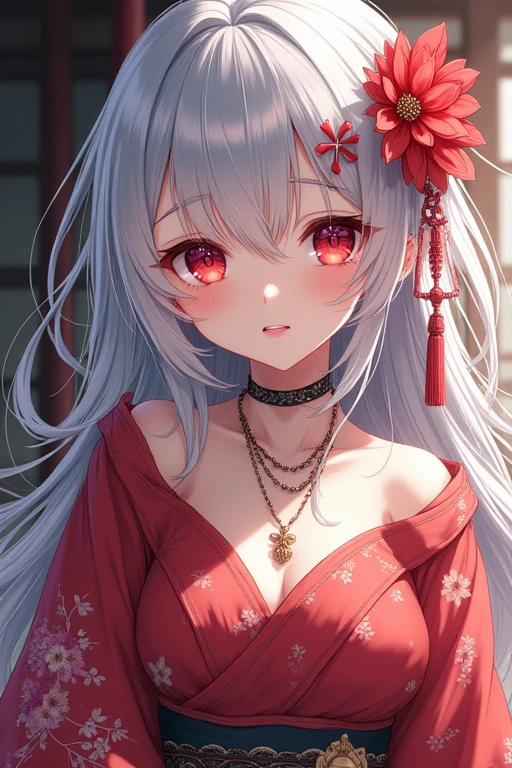 Anime, Big Breasted Girl, Elegant Traditional Japanese Costume, Scarlet Eyes, Shiny Silver Hair, Single Girl, High accuracy, Flower of hair,