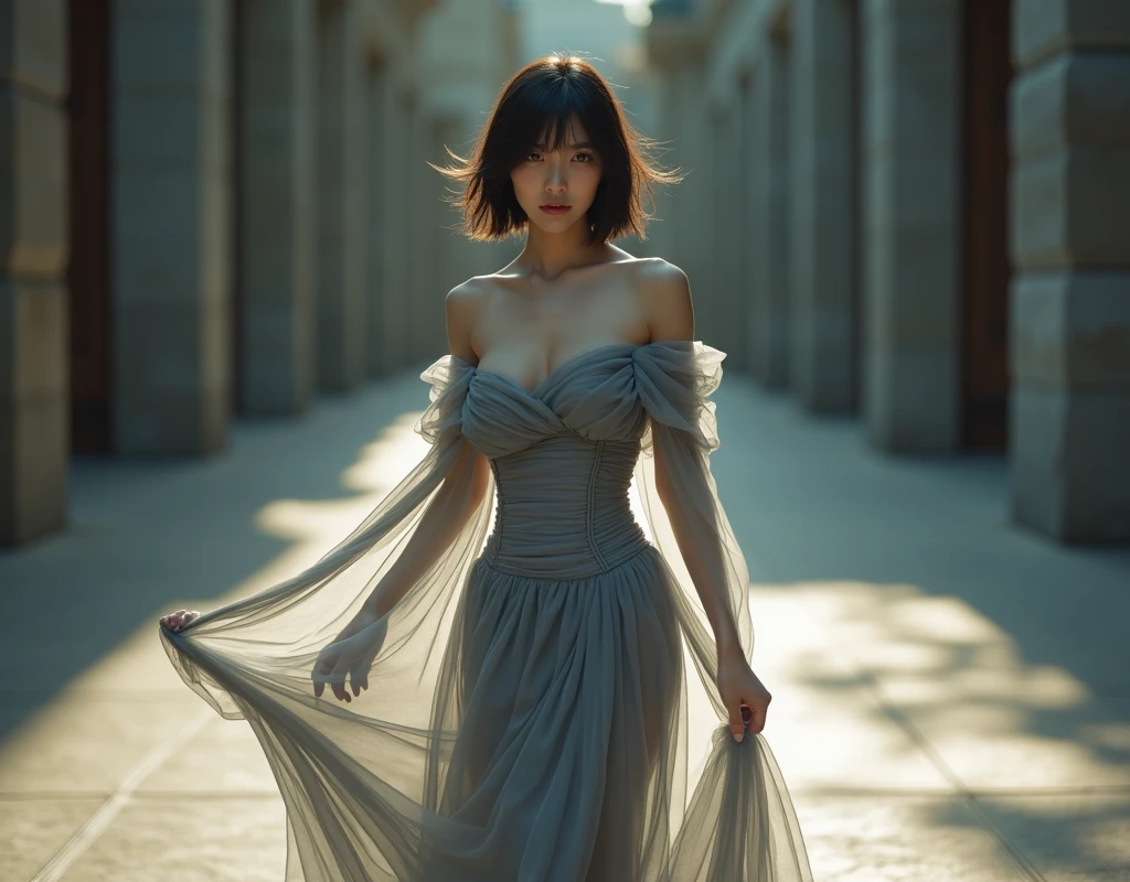 Asian woman wrapped in a transparent grey cloth mimicking a mermaid gown with a striking long train, puff sleeve, wear corset, the cloth clings tightly to her figure, shortblack straight hair, walking with poise, see through whole body, half naked, dramatic lighting, volumetric textures, very long cloth, outdoor, ultra realistic, golden ratio.