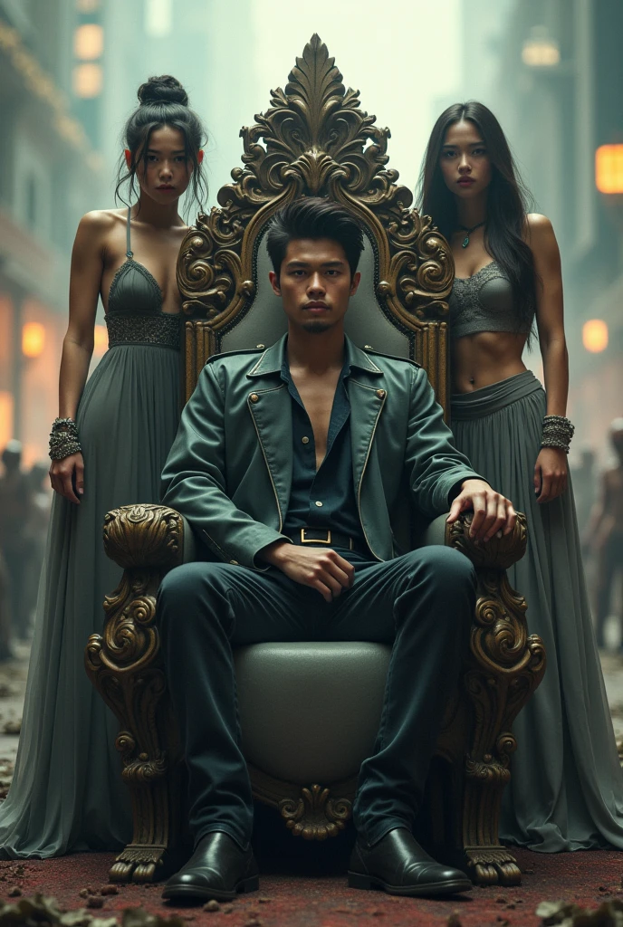 A young white asian man sitting on a throne. Two women standing beside him. Zombie apocalypse in the background. 