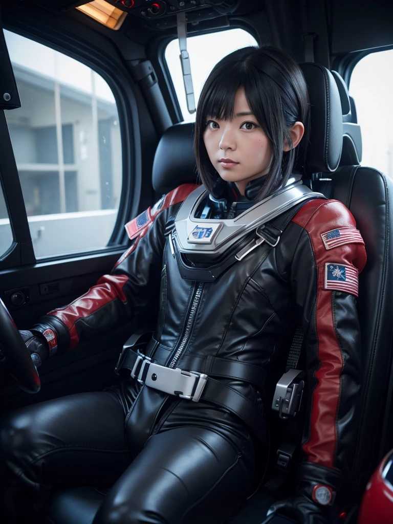 Japanese female astronaut,Black Hair,The spaceship's cockpit,Fully secured in the seat by a harness,Black and red skin-tight spacesuit,