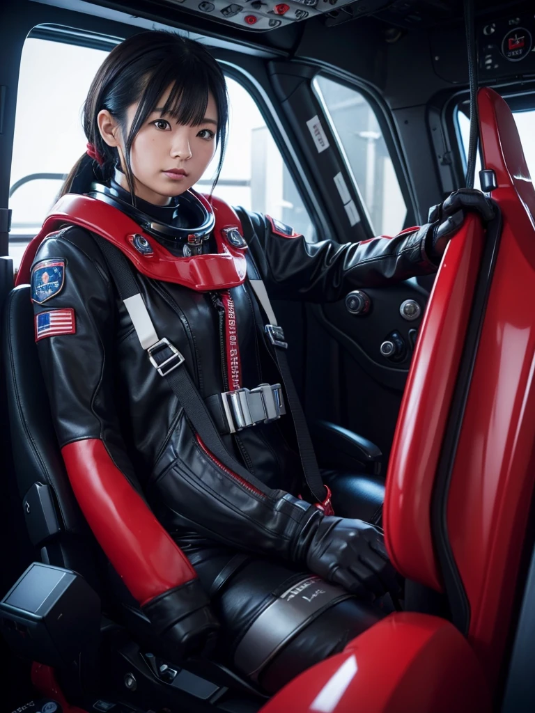 Japanese female astronaut,Black Hair,The spaceship's cockpit,Fully secured in the seat by a harness,Black and red skin-tight spacesuit,