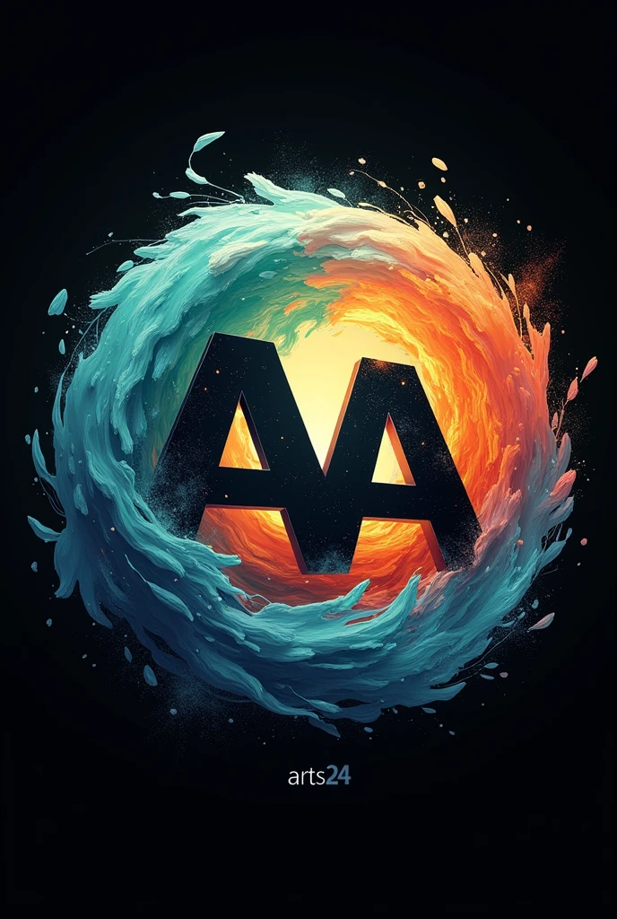 A circular logo featuring the text ARTS at the bottom, with the word AA24 in a bold, Capital, stylized font. AA are in capital letters. The background showcases vibrant, swirling colors of blue, orange, and green, creating a dynamic and artistic effect. The overall design has a modern, three-dimensional look, set against a dark backdrop.