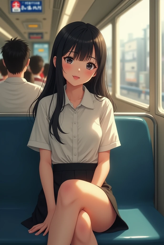 A slightly plump Japanese woman with long black hair and bangs, wearing an office uniform with a White short-sleeved shirt, a short black skirt, and white sneakers, brushing her hair back, smiling shyly, and leaning her face towards the camera on the subway.