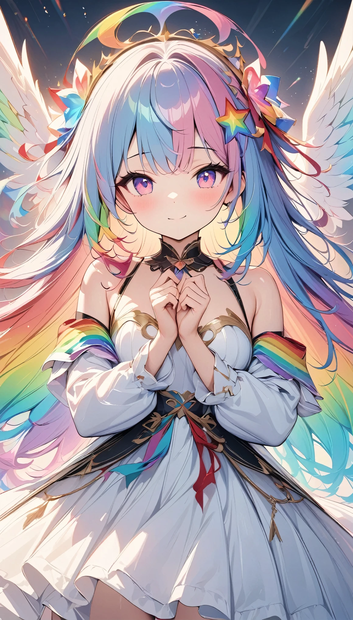 Light, ((absurd and unreasonable)), 超high resolution, Attention to detail, high quality, high resolution, Top quality, 4K, 8K, artwork, marvelous, rainbow, rainbow hair, Long hair, rainbow天使, spreading wings, ((rainbow翅膀扑腾)), Beautiful Angel, cute angel