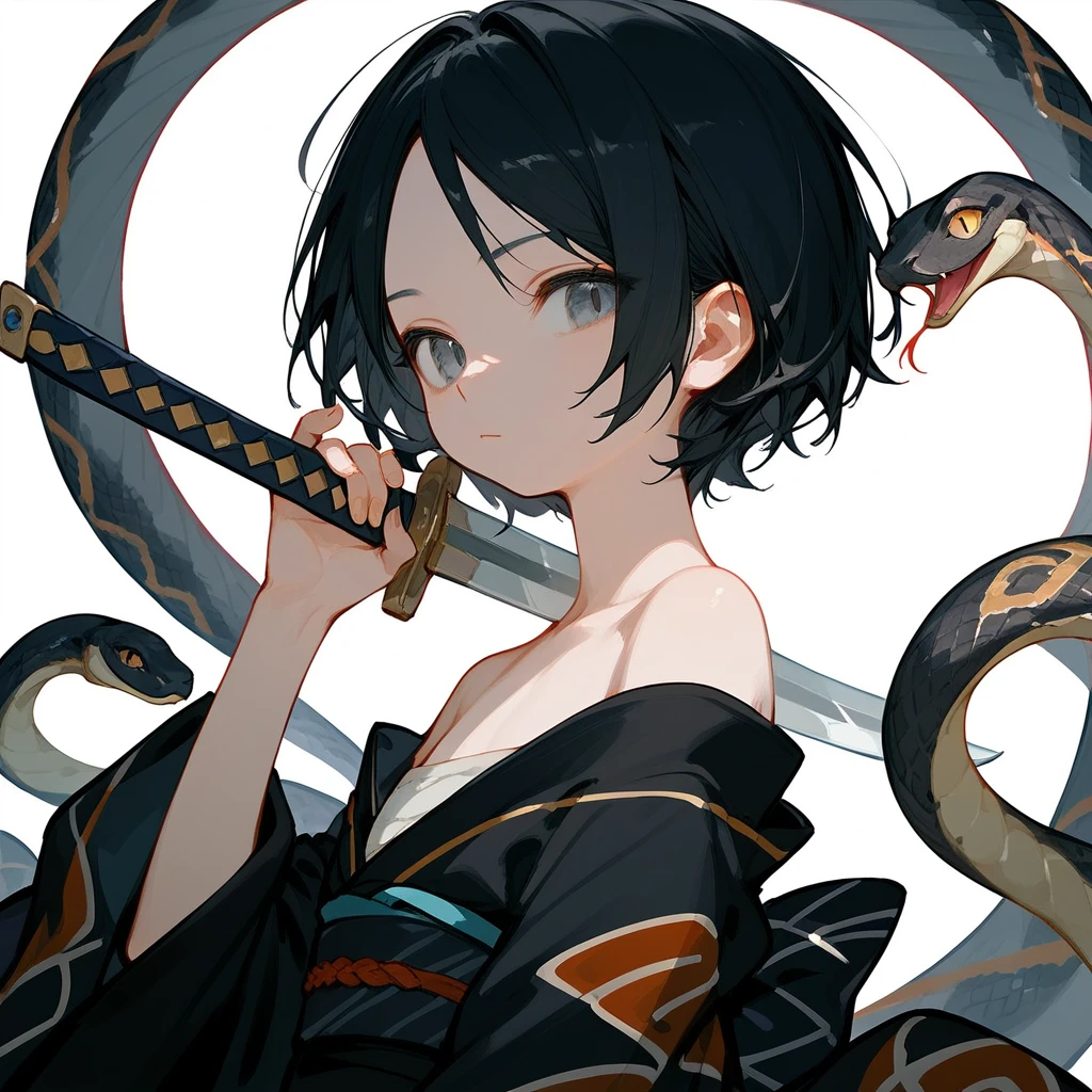 1 girl, Black Hair, iris, Off-the-shoulder kimono, beautiful_face, Black snake motif, Kimono with snake scale pattern, Solo Illustration, short hair, Black kimono, Holding a sword, Upper Body, Flat Chest, Squint your eyes