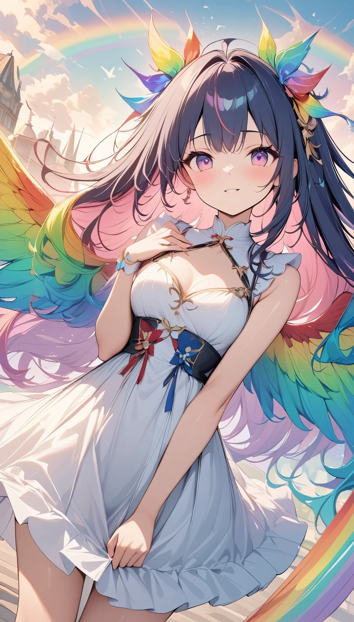 Light, ((absurd and unreasonable)), 超high resolution, Attention to detail, high quality, high resolution, Top quality, 4K, 8K, artwork, marvelous, rainbow, rainbow hair, Long hair, rainbow天使, spreading wings, ((rainbow翅膀扑腾)), Beautiful Angel, cute angel