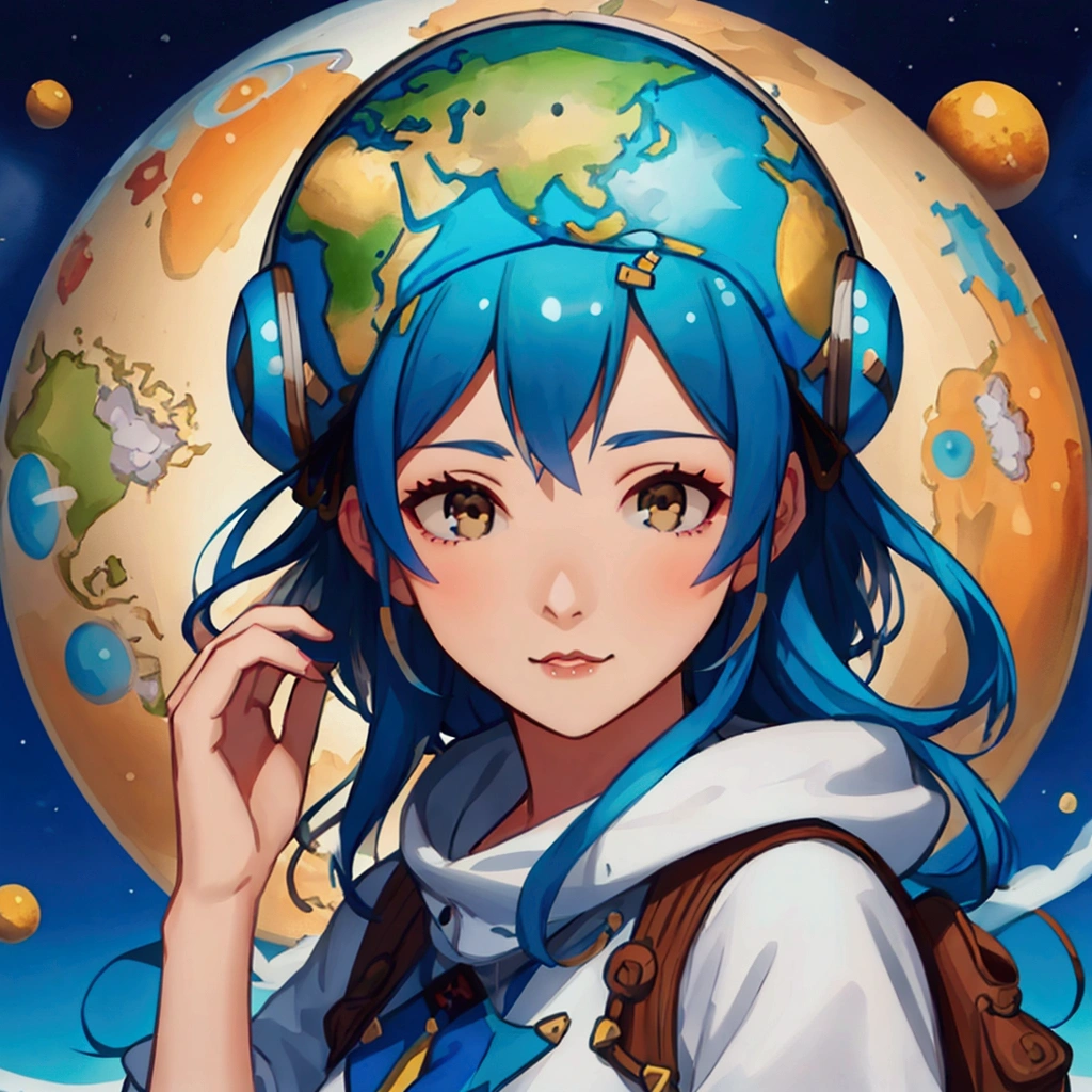 White background、Earth design hat、Blue Hair、hoodie、Brown eyes