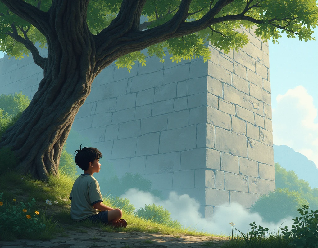 A boy sits looking at a 50-meter high wall under a tree.