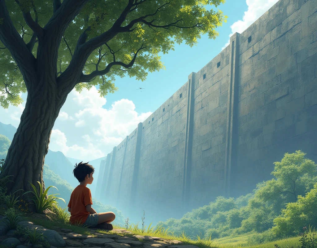 A boy sits looking at a 50-meter high wall under a tree.