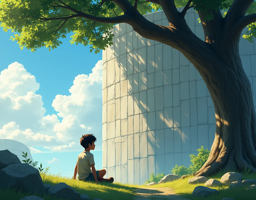 A boy sits looking at a 50-meter high wall under a tree.