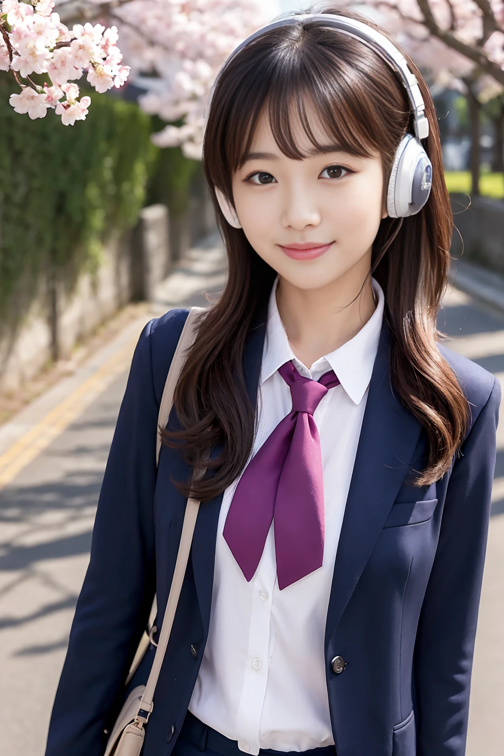 A beautiful Korean woman、A scene of a girl walking to school in a tight school uniform and listening to music。She has a charming smile、Keeping your gaze on us。The hairstyle and hair color are randomly set.、short hair、Long Hair、Long Wavy Hair、Bob Hair、Black Hair、Brown Hair、such as blonde、A wide variety of variations are possible。The background is the morning school route、Cherry blossom tree-lined path、Or set up in front of the school gates、The soft morning light gently embraces her。Wearing tight sailor suits and blazers that accentuate the lines of the body、Details include bows and ties.、Stylish yet clean look。She is enjoying music with stylish headphones.、Her relaxed appearance and seductive smile are in perfect harmony.。Focus on the woman's facial expression and pose、with her alluring smile and captivating eyes, should be depicted.。The overall atmosphere is、Morning Clearance々With、Something that exudes her charm and sexiness。
