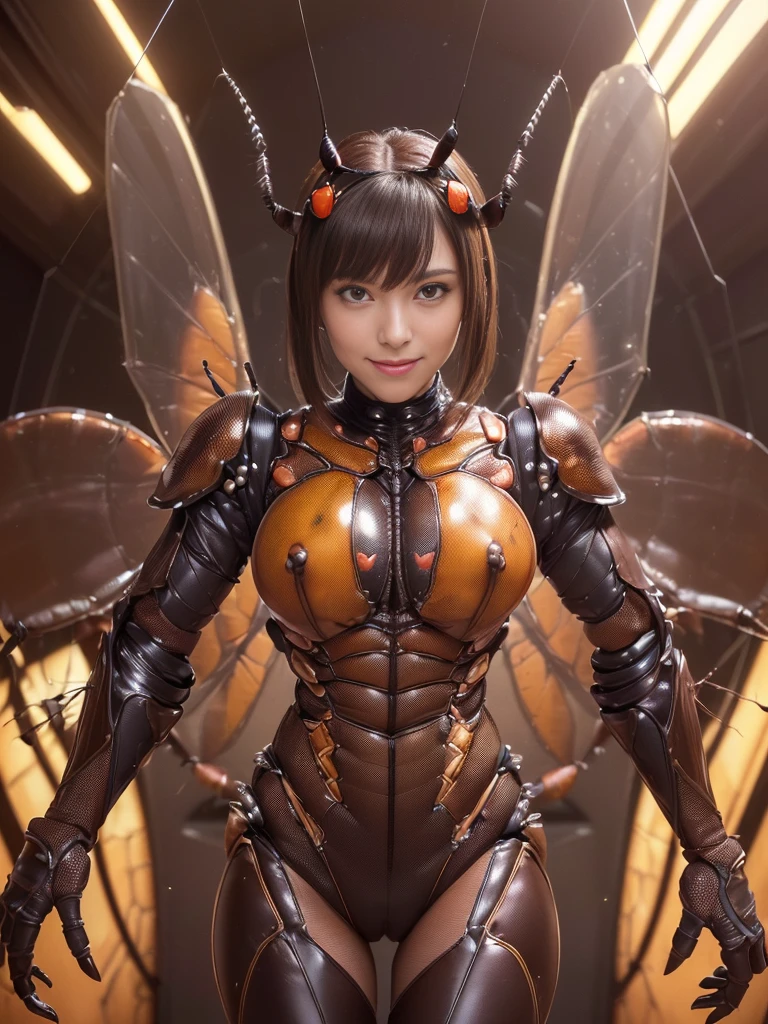 (High resolution,masterpiece,Best Quality,Extremely detailed CG, cheered up, official art:1.4), realist, Photo, amazing fine details, all intricate, shine and shine,impressive many layers, 8k wall paper, 3D, Sketch, kawaii, illustration,( Alone:1.4), perfect female ratio,villain, (fusion of dark brown cockroach and lady:1.4), (brown cockroach shaped lady:1.2), (Mrs. Brown Cockroach:1.2), (fusion:1.2), (Alone:1.4), (evil smile:1.2), muscular, ABS, (brown cockroach exoskeleton bio insect suit:1.4), (brown cockroach exoskeleton bio insect armor:1.2), (Brown transparent cockroach wing:1.4), (brown cockroach antennae:1.3),
