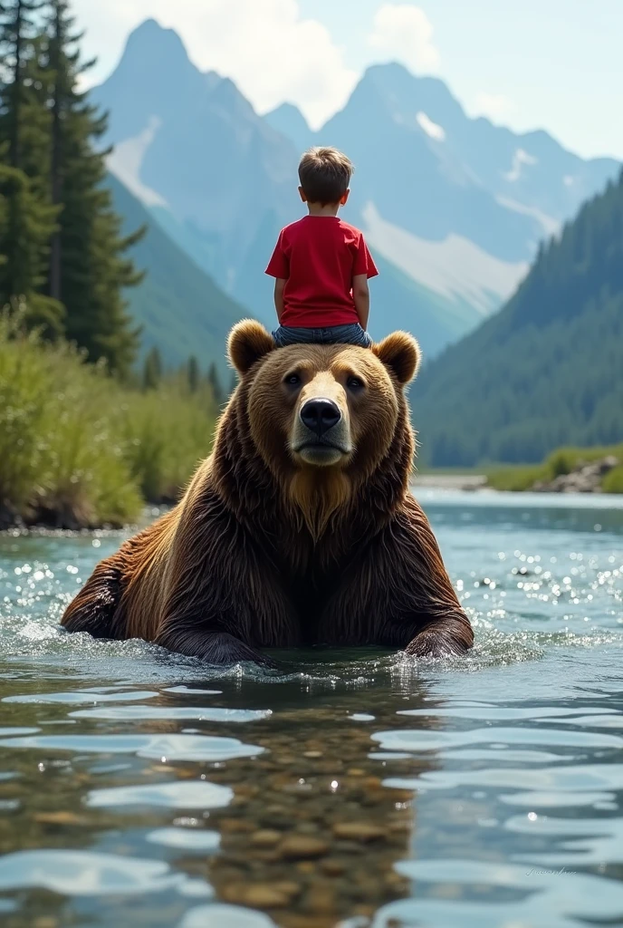A big brown bear is sitting and bathing in a deep river in the summer wilds, a cute young boy wearing red t shirt and jeans seated on his head, very beautiful sparkling water surface, crystal clear water, gravel on the river bottom, beautiful alpine mountains in the distance, realistic photo