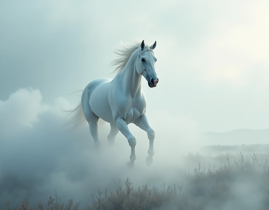 A white horse moves through the mist and disappears towards the horizon 