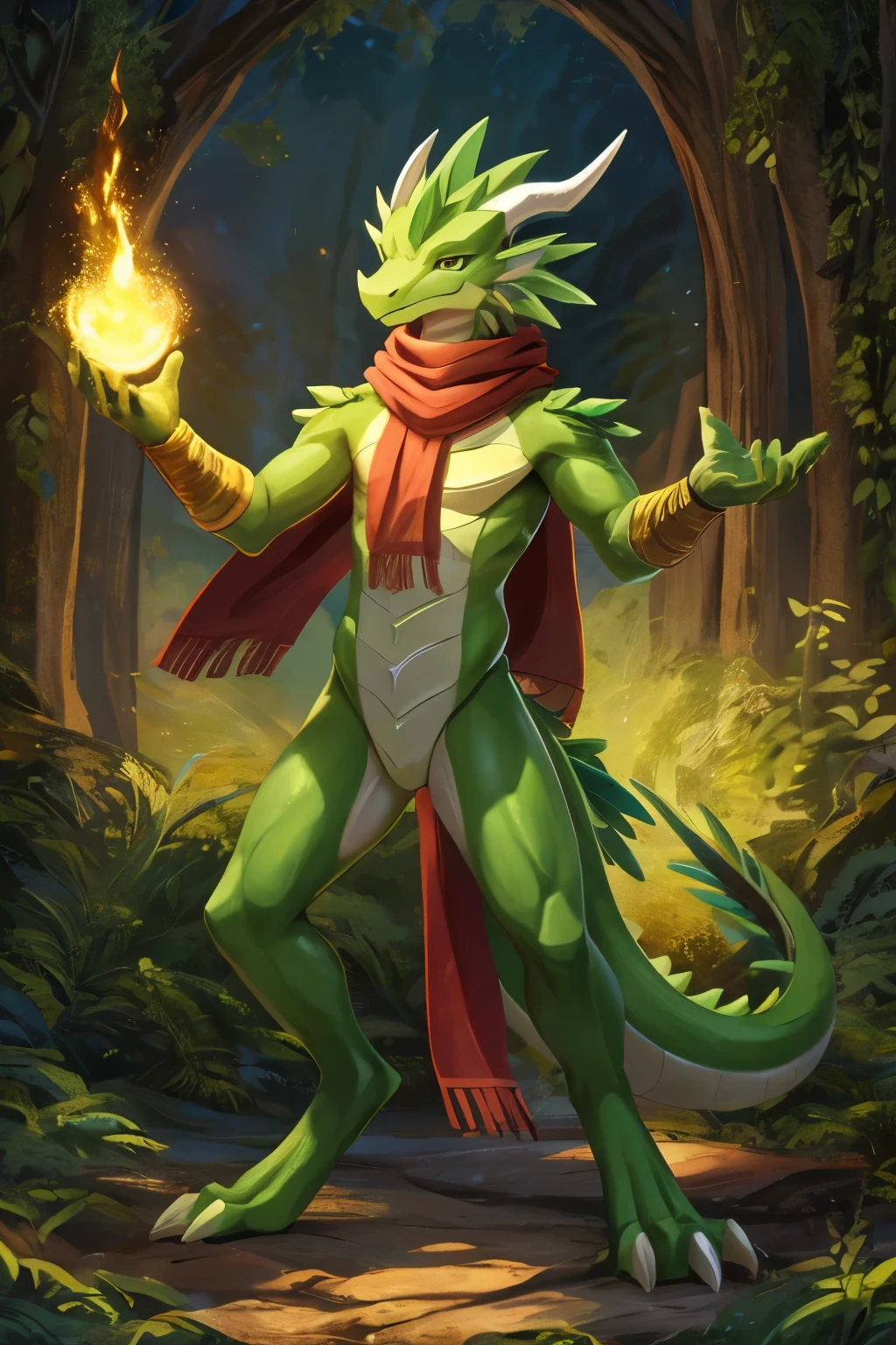 (anime), (front facing), (looking at the camera), slim green and lime furry dragon using old magic, green main body color, (green, lime, yellow and red undertones), smooth skin, very long muzzle, neck and tail fur, digitigrade, creative horns, feathers, gradients, (wearing only a scarf), nature background, full body