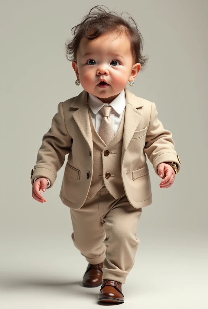 Hyperrealistic Full Body Portrait of a Newborn Baby Girl Walking in Billionaire Outfit Realistic as in real life
