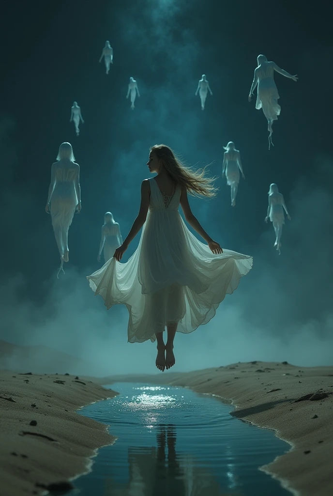 Woman standing in water holding a sheet。, 彼女は空中にfloating, inspired Brooke Shaden, dream-like、Mysterious、And dark, Mysterious frame, At night, floating Ghosts, floating, Brooke Shaden, 砂漠のAt night浮かぶ, Rise from the ground, Wearing a loose white dress, Mysterious and otherworldly