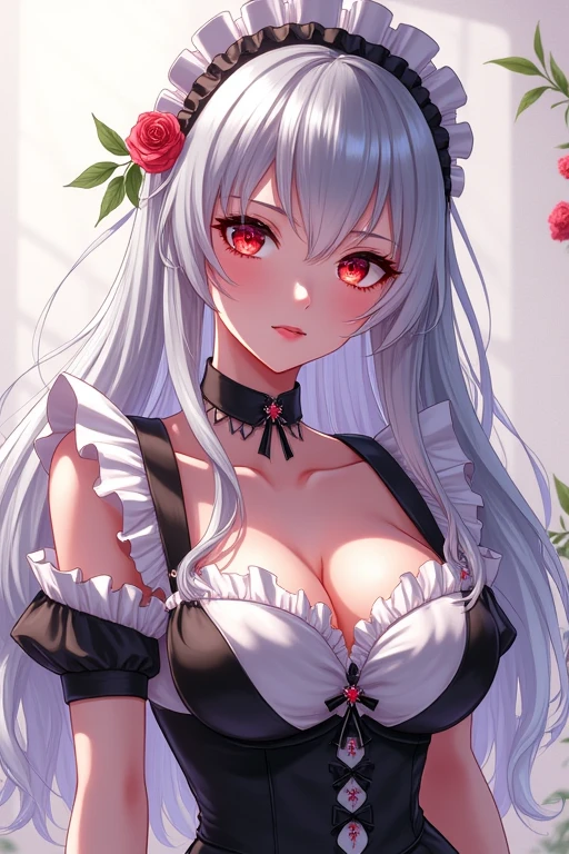 Anime, Big Breasted Girl, Maid Costume, Crimson Eyes, Shiny Silver Hair, Single Girl, High accuracy, Flower of hair,