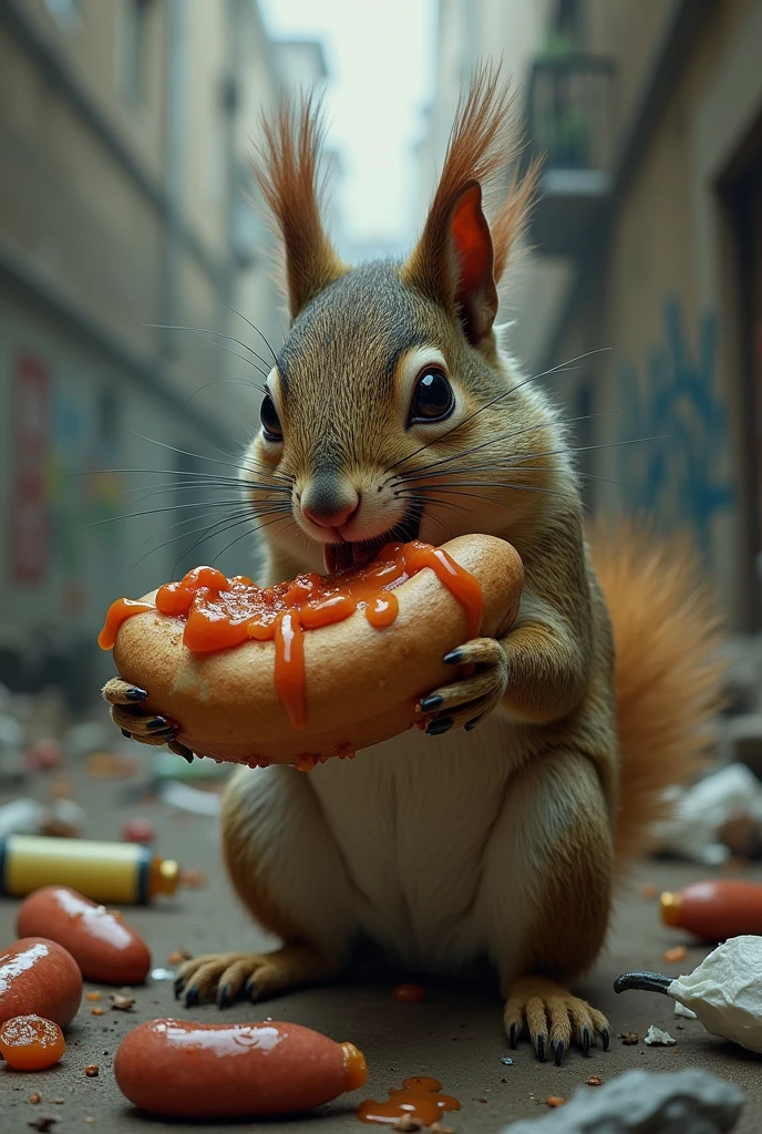 a squirrel eating a choripan with the face of a drug addict