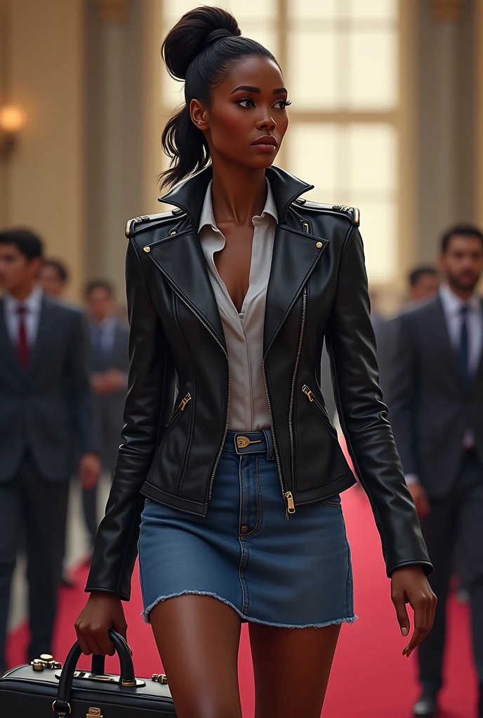Femme africaine cheveux attaché veste cuir mini short jean grand sac a main valise, she becomes president of France
