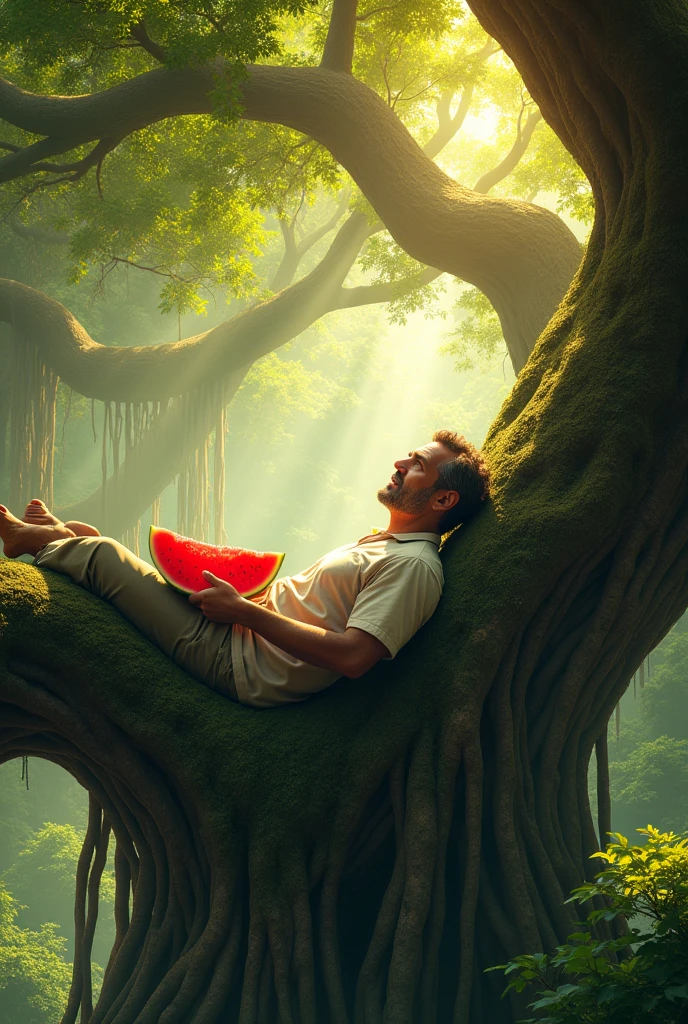 A man is lying down eating watermelon on top of a big banyan tree