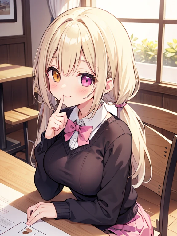 (Masterpiece, top quality, high quality, super detailed drawing, beautiful eyes, beautiful hair, expressive eyes, perfect face, perfect human body structure), open cafe, riverside, fashionable streets,
Short twintails hair, blonde hair, super baby face, droopy eyes, heterochromia, pink eye, orange eye, very huge breasts, 145cm tall girl relaxing in cafe, smiling, cute and peaceful expression, rounded back on chair, body pulled over table, heavy on table. She is resting with her boobs firmly on the table, school winter uniform, mini skirt, sweater sleeves are long and her fingers are only showing a little