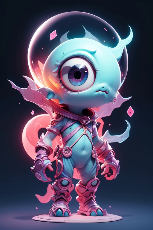 Create a monster image, a small, big-headed, baby monster.. The body is transparent and can be seen through. The image is sharp and detailed., with beautiful colors.. With arms, leg, eyes, mouth, พื้นหลังสีlegว
