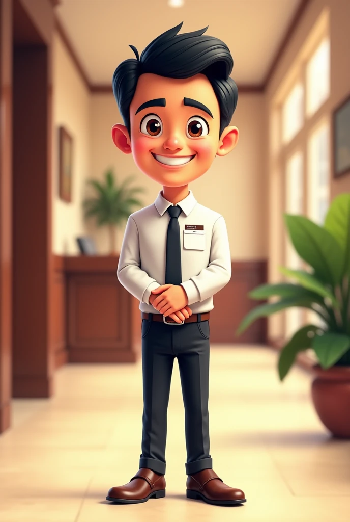 image of a man wearing formal clothes as a hotel receptionist or hotel front office, loafer shoes, black hair, smile, hands in front of chest, cartoon image