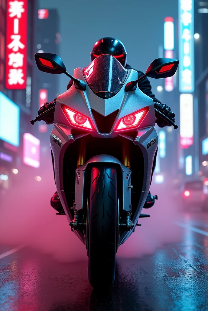 Zx10r with cyberpunk red eyes in neon city