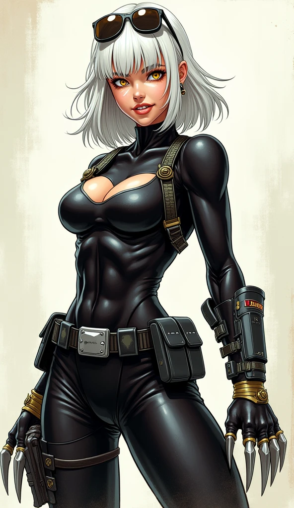 women, Medium hair, White hair, hair over the shoulder, bangs to the sides hairstyle, yellow eyes, smile, open mouth, Fangs, slit pupils, side-shields sunglasses, big breasts, vibranium claws, tactical clothing( body covered with hostlers), Very detailed, high quality, simple background, looking at the viewer, showing her vibranium claws, anatomically correct, High resolution, character design, full body, comic style art