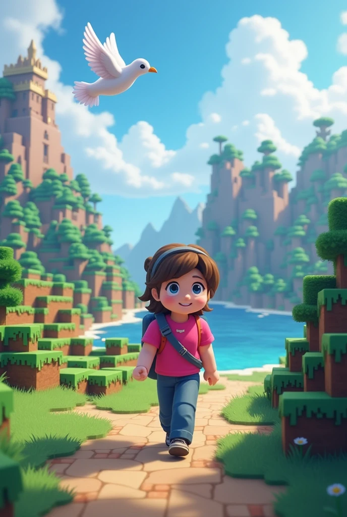  in a pink t-shirt and a dove travel around the world of minecraft